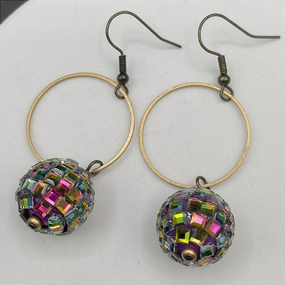 Vintage Boho Gold Hoop Earrings w/ Rainbow Mosaic Bead Disco Y2K Statement